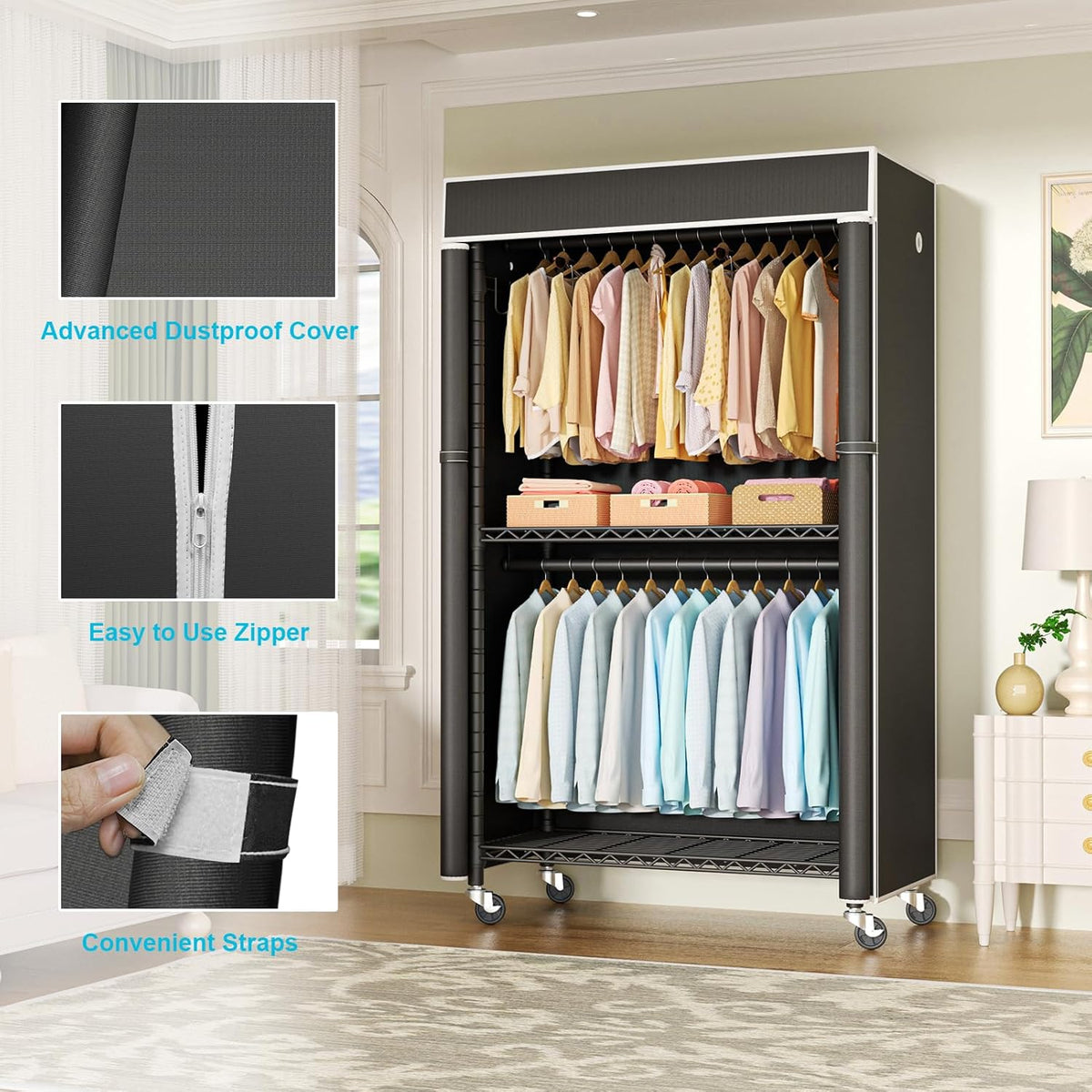 FUTASSI Clothing Rack with Cover, P1C Rolling Closets with Wheels, Metal Garment Rack for Hanging
