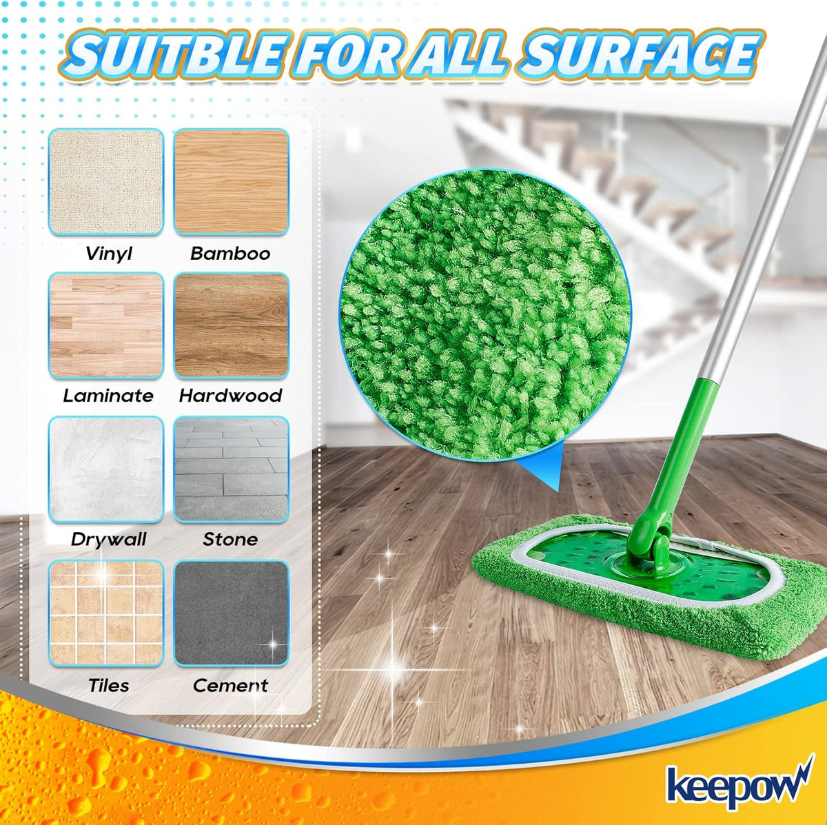 KEEPOW Reusable Microfiber Mop Pads for Swiffer Sweeper Mop, Washable Wet Pad Refills for Wet & Dry