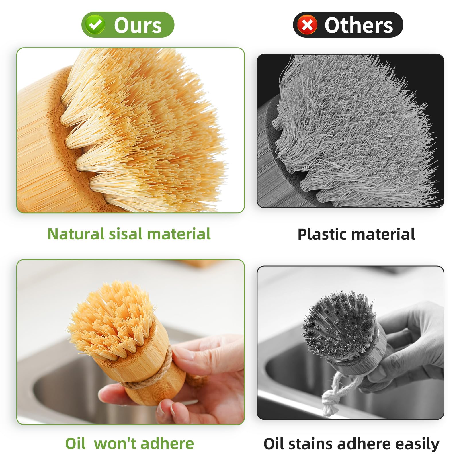 SUBEKYU Bamboo Dish Scrub Brush,Produce Brush,3 Pack with Ceramic Holder