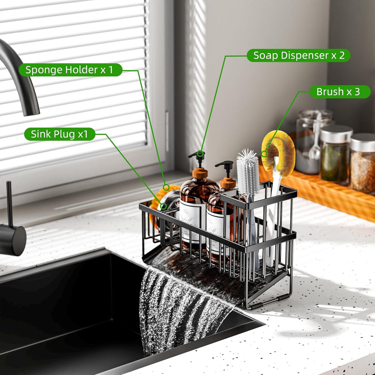 Cisily Extra Large Kitchen Sink Caddy Organzier with High Brush Holder, Sponge Holder for Sink, 304