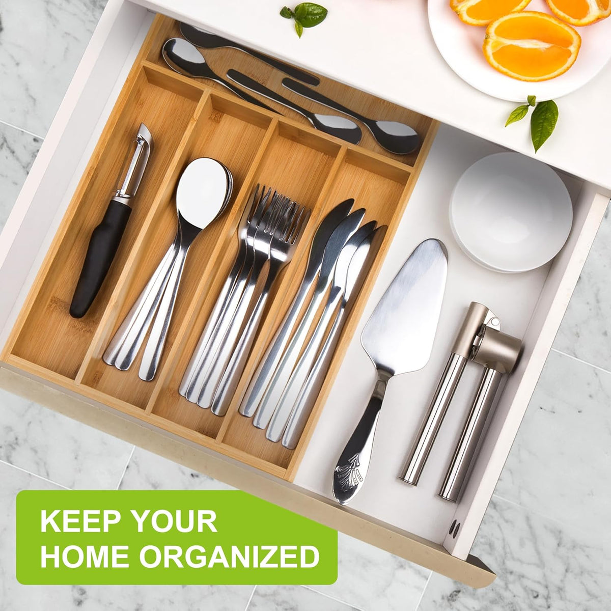 Bamboo Utensil Drawer Organizer, Kitchen Organizer for Flatware Cutlery, Silverware Tray for Drawer