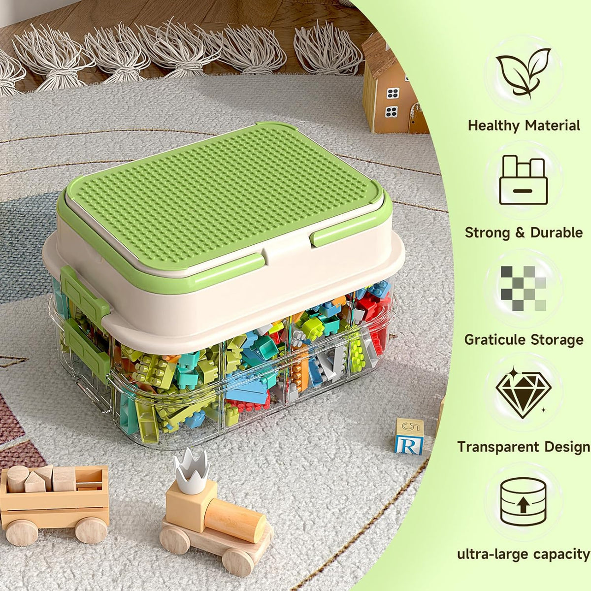 Toy Storage Organizer Box with Handle, Stackable Building Block Toy Box with Building Plate Lid &