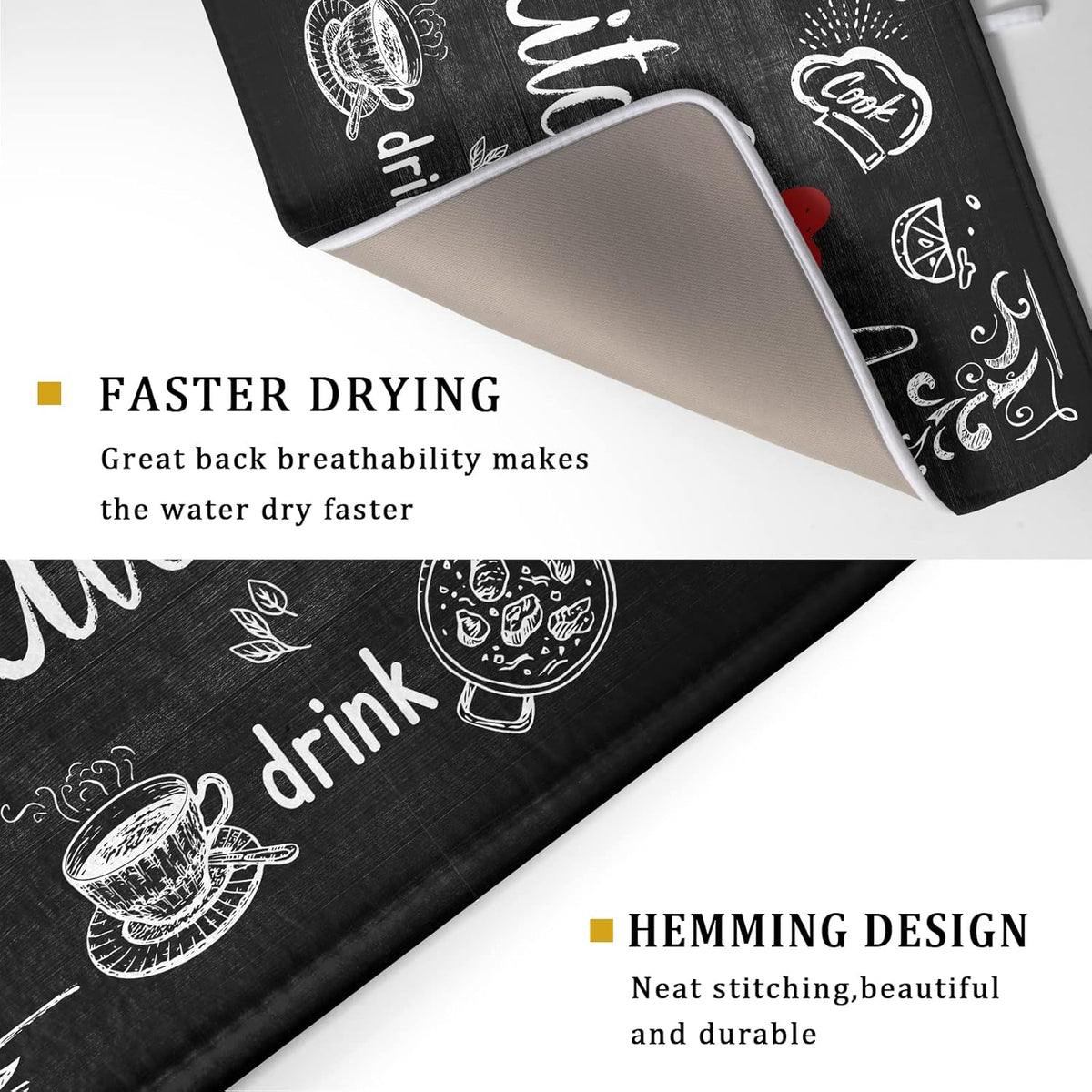 Black Coffee Bar Dish Drying Mats for Kitchen Counter 18x24 Inch, Kitchen Drying Mat, Kitchen