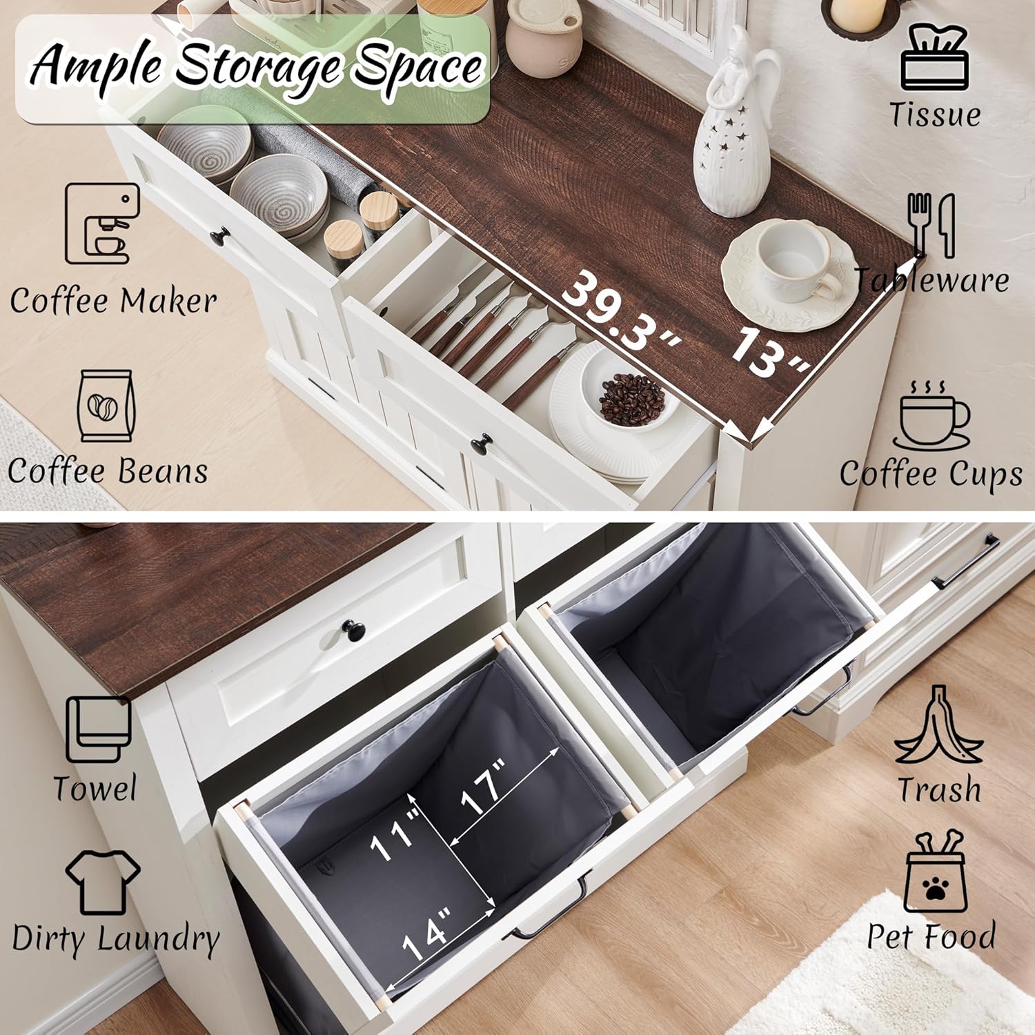 Double Tilt Out Laundry Hamper Cabinet, 20 Gallon Farmhouse Trash Can Cabinet with Drawer, Hidden