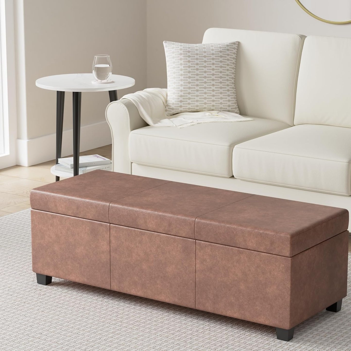 SIMPLIHOME Avalon 48 inch Wide Contemporary Rectangle Storage Ottoman Bench in Distressed Umber