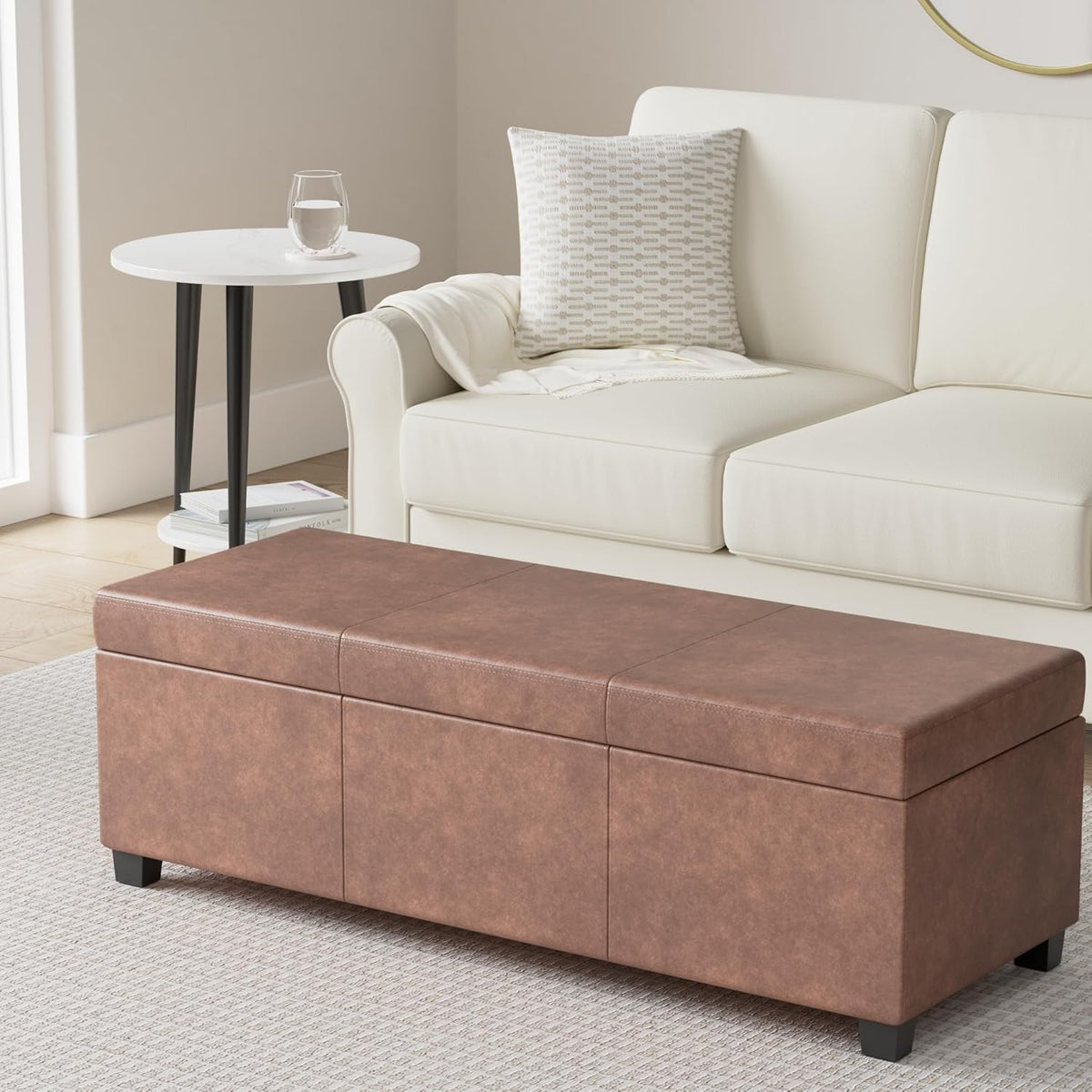SIMPLIHOME Avalon 48 inch Wide Contemporary Rectangle Storage Ottoman Bench in Distressed Umber