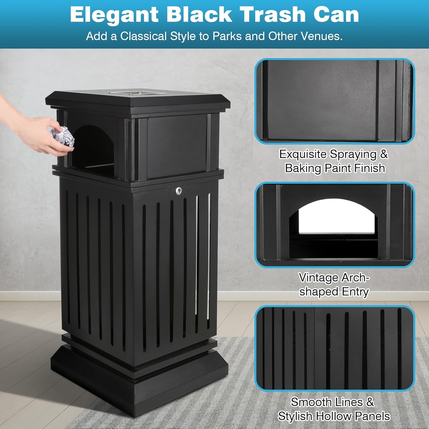 IRONWALLS Commercial Trash Can with Lid, Black Outdoor Garbage Can for Patio, Side Opening Steel