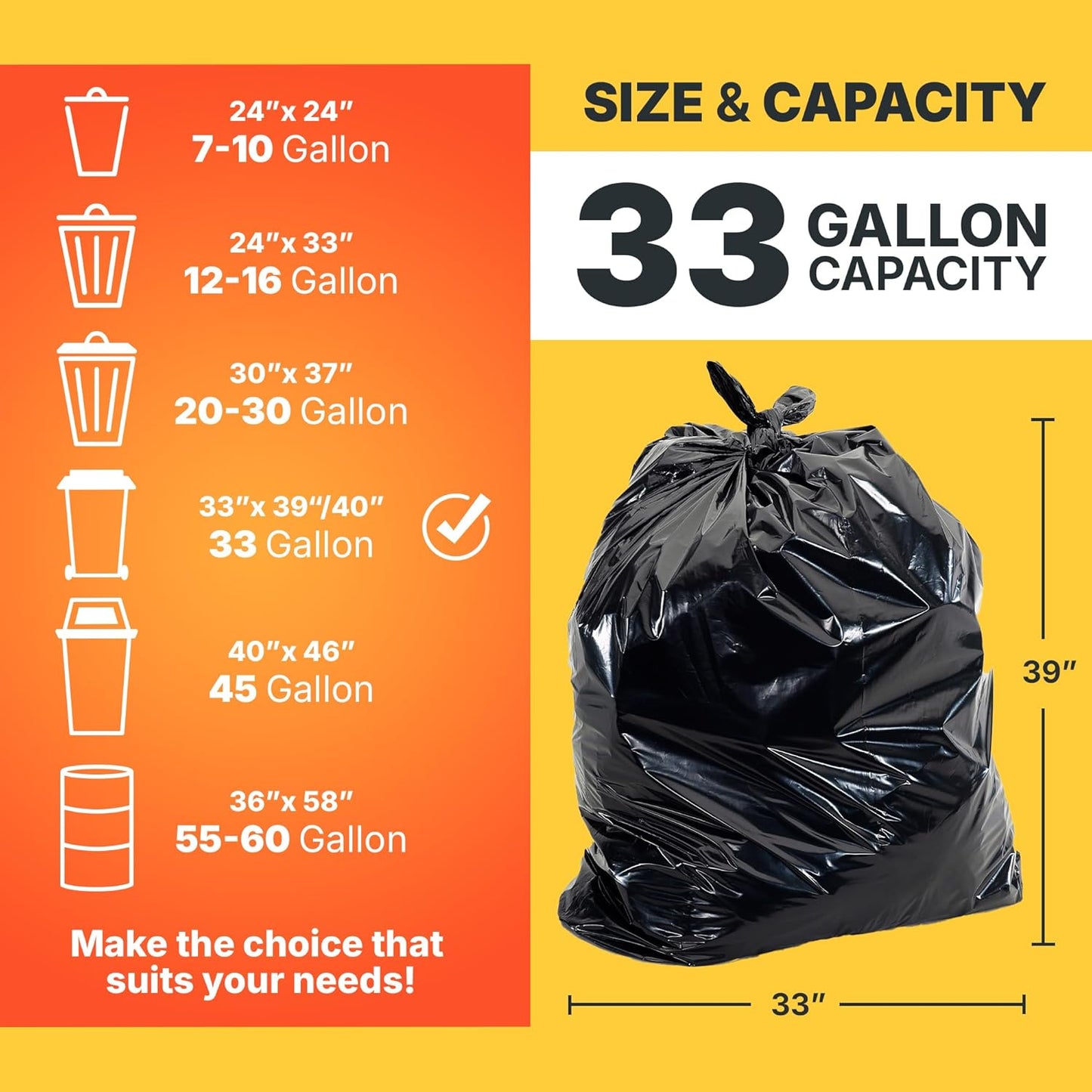 33 Gallon Trash Bags, 30 Micron Heavy Duty Pure LDPE Garbage Can Liners, 33" x 39" Large, Black