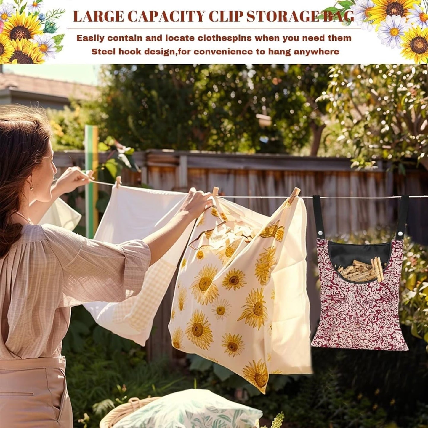 Strength Clothespin Bag 14.5x12 Inches - Vintage Bird Flower Red Print Commercial Quality Storage