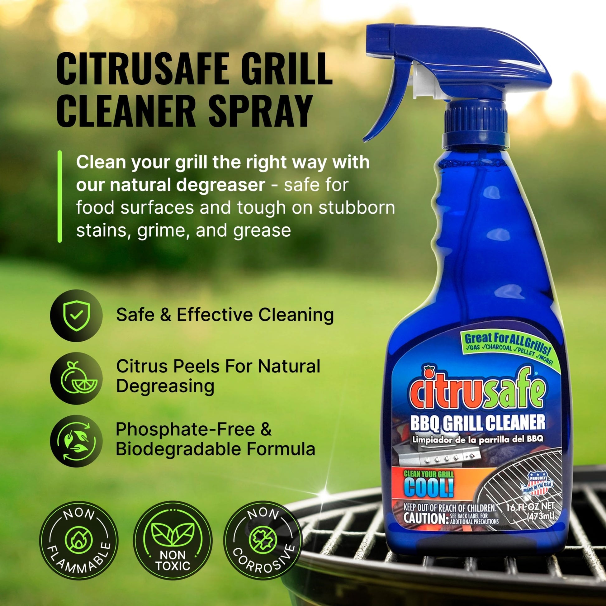 CitruSafe Grill Cleaning Kit - BBQ Grill Cleaner (16oz) and BBQ Grill Scrubber with 3 Heavy Duty