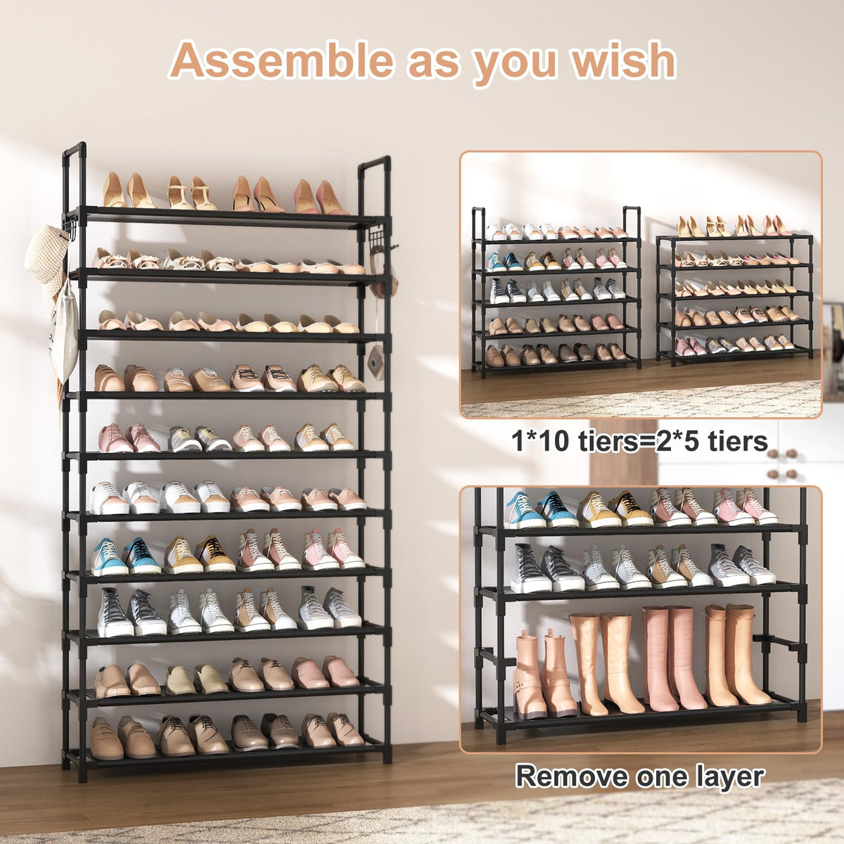 VTRIN 10 Tier Shoe Rack Tall Large Capacity Wide Shoe Organizer with Two Hooks Sturdy Metal Shoe