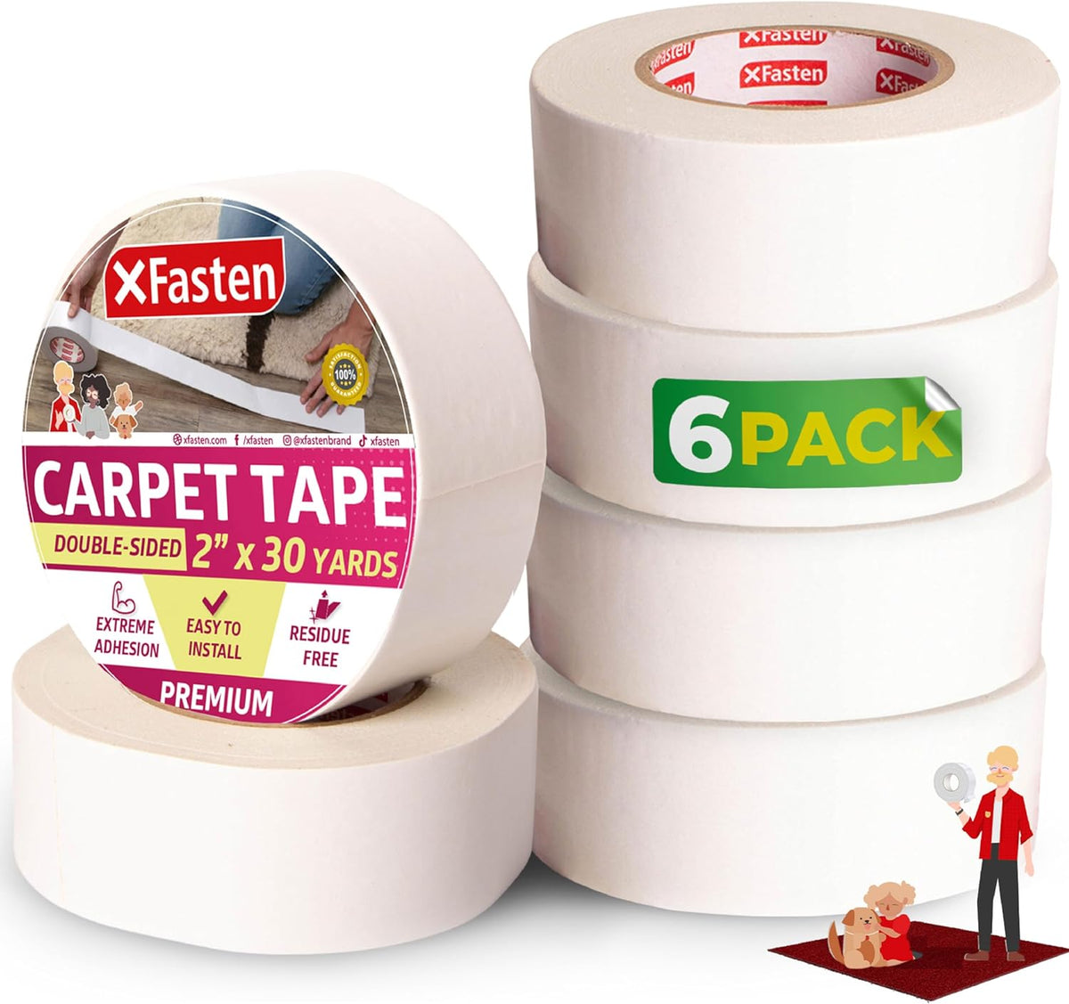 XFasten Double Sided Carpet Tape for Area Rugs, 2 Inch x 30 Yards (6-Pack) – Heavy Duty Anti Slip