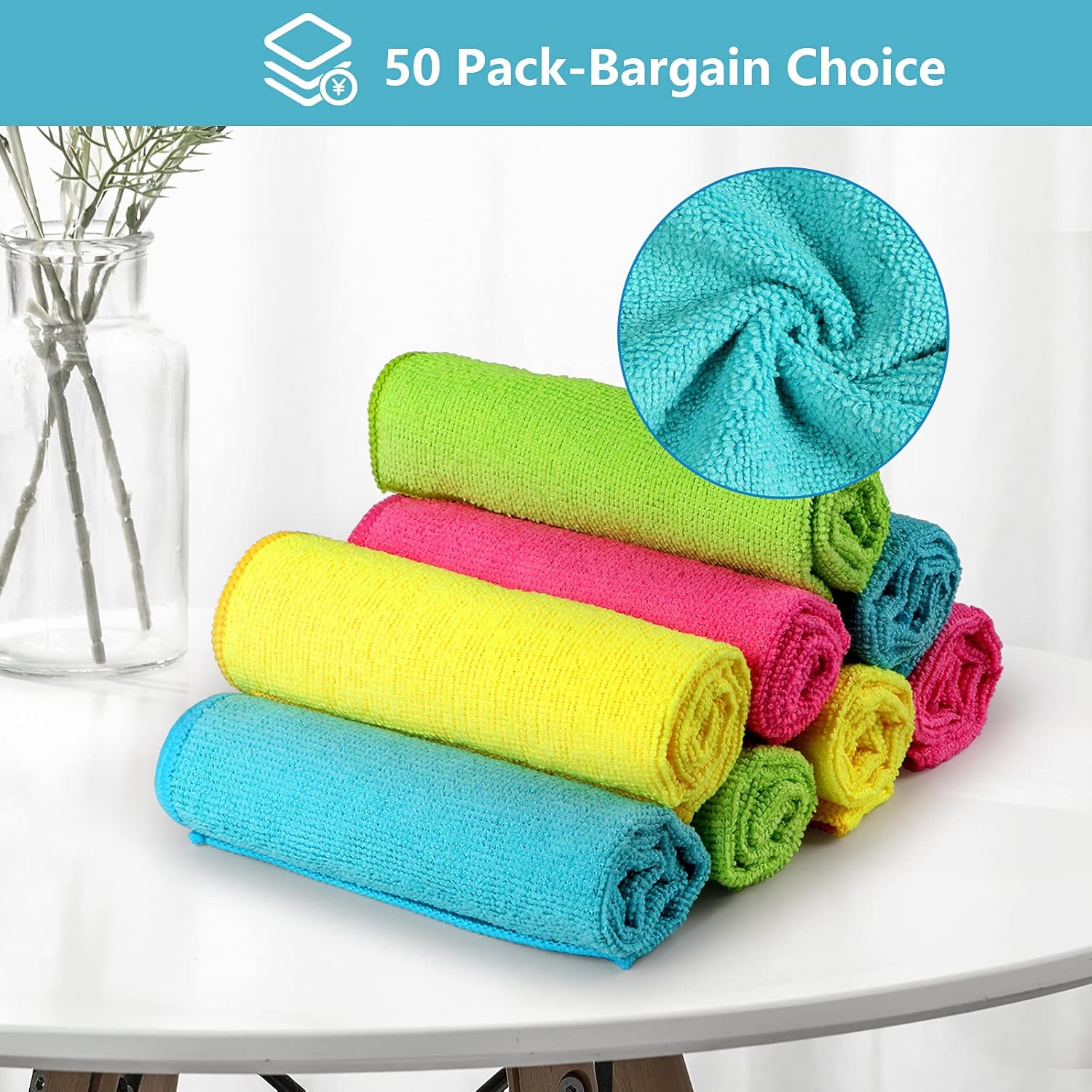 HOMEXCEL Microfiber Cleaning Cloth, 50 Pack Cleaning Rags, Cleaning Towels with 4 Color Assorted