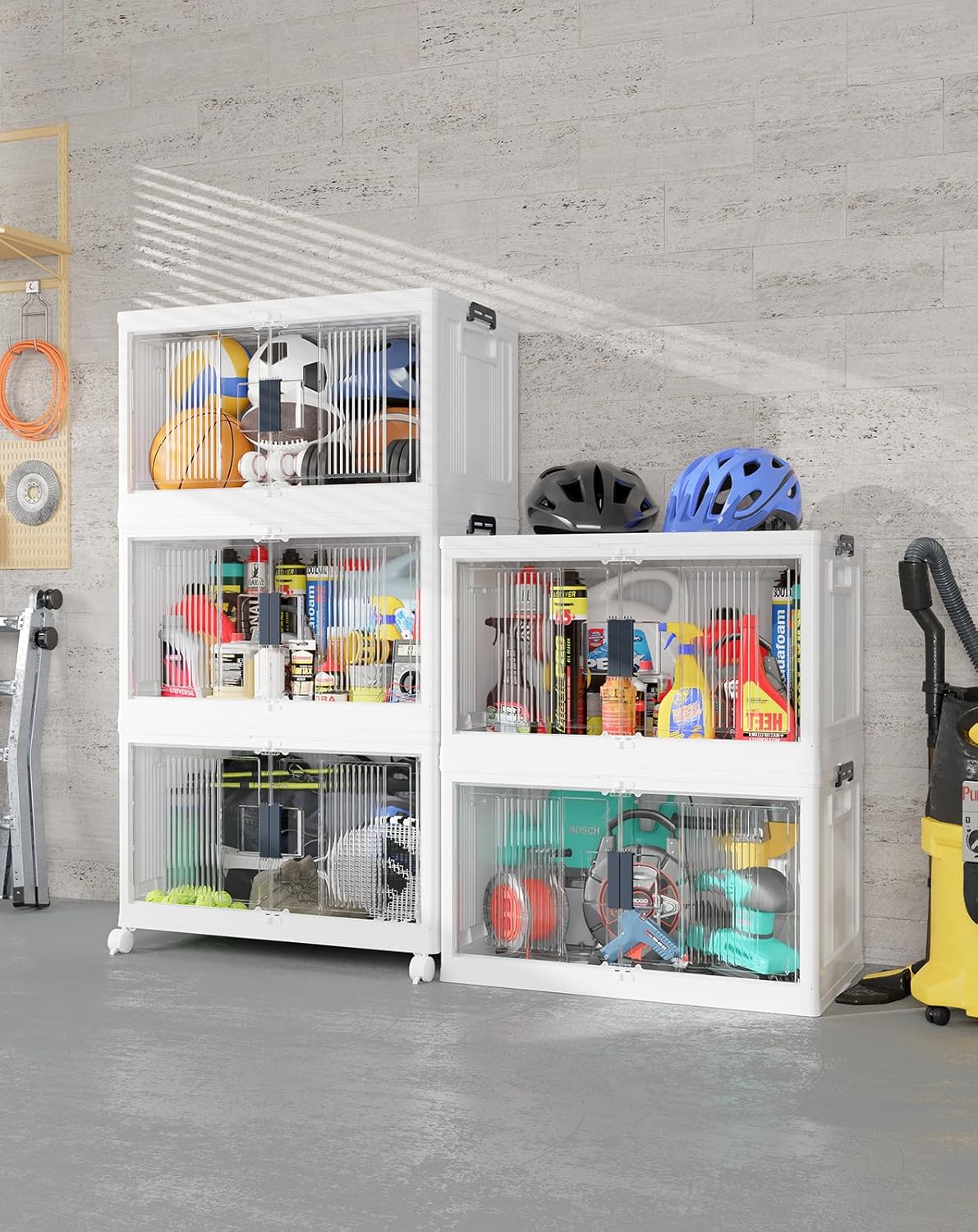 OlarHike 97QT Stackable Storage Bins with Lids - Folding Storage Box with Doors and Wheels