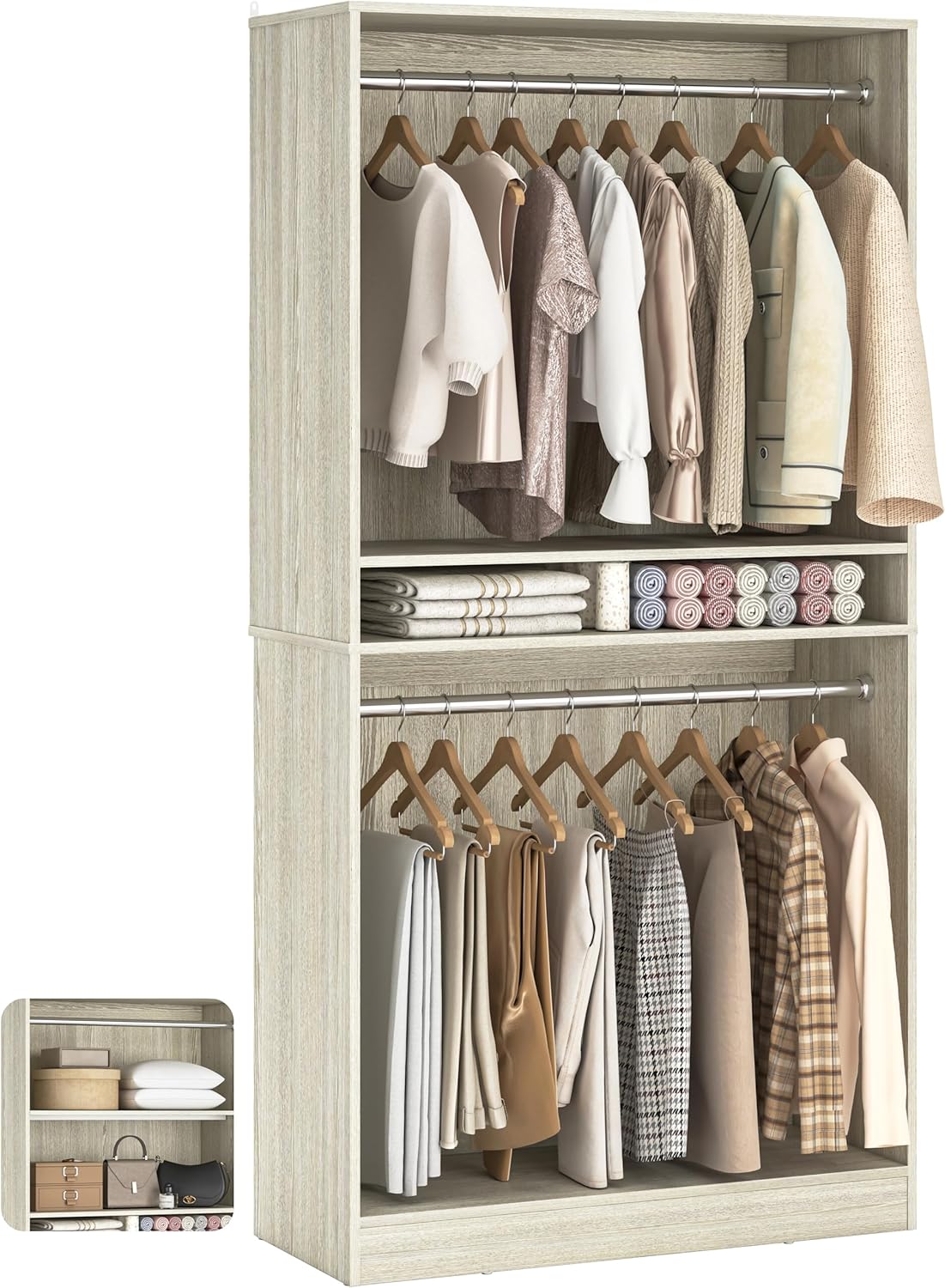 Unikito 3FT Freestanding Closet System with 2 Hanging Rods & Adjustable Shelve, 36'' Wood Closet