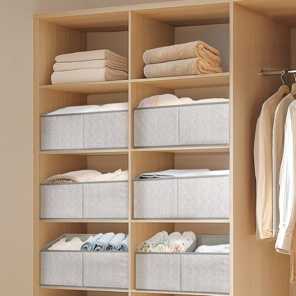DIMJ Large Closet Shelf Organizer Bins 6 Packs with Handles and Divider, Fabric Trapezoid Storage