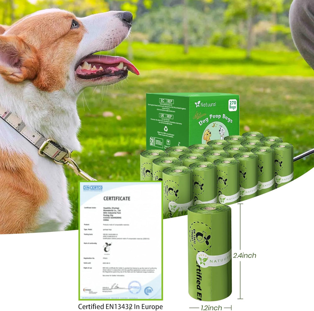 Certified Compostable Dog Poop Bags-270Bags 18Rolls, Poop Bags for Dogs Made of Cornstarch - ASTM