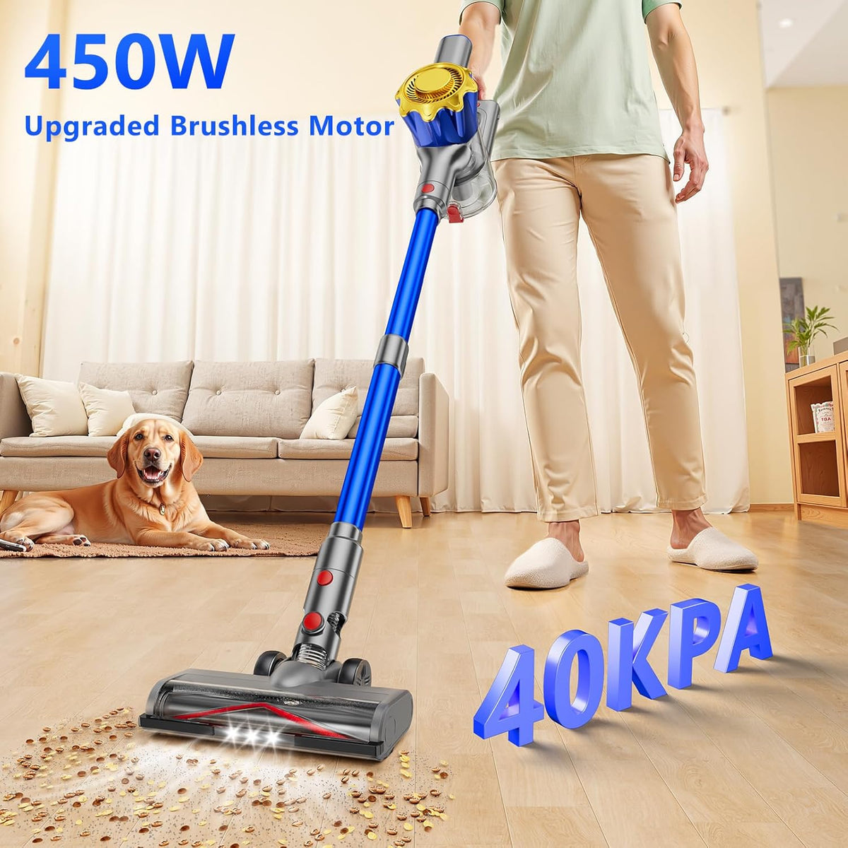 Cordless Vacuum Cleaner, 450W 40Kpa Powerful Stick Vacuum, Up to 50Mins Rechargeable Battery