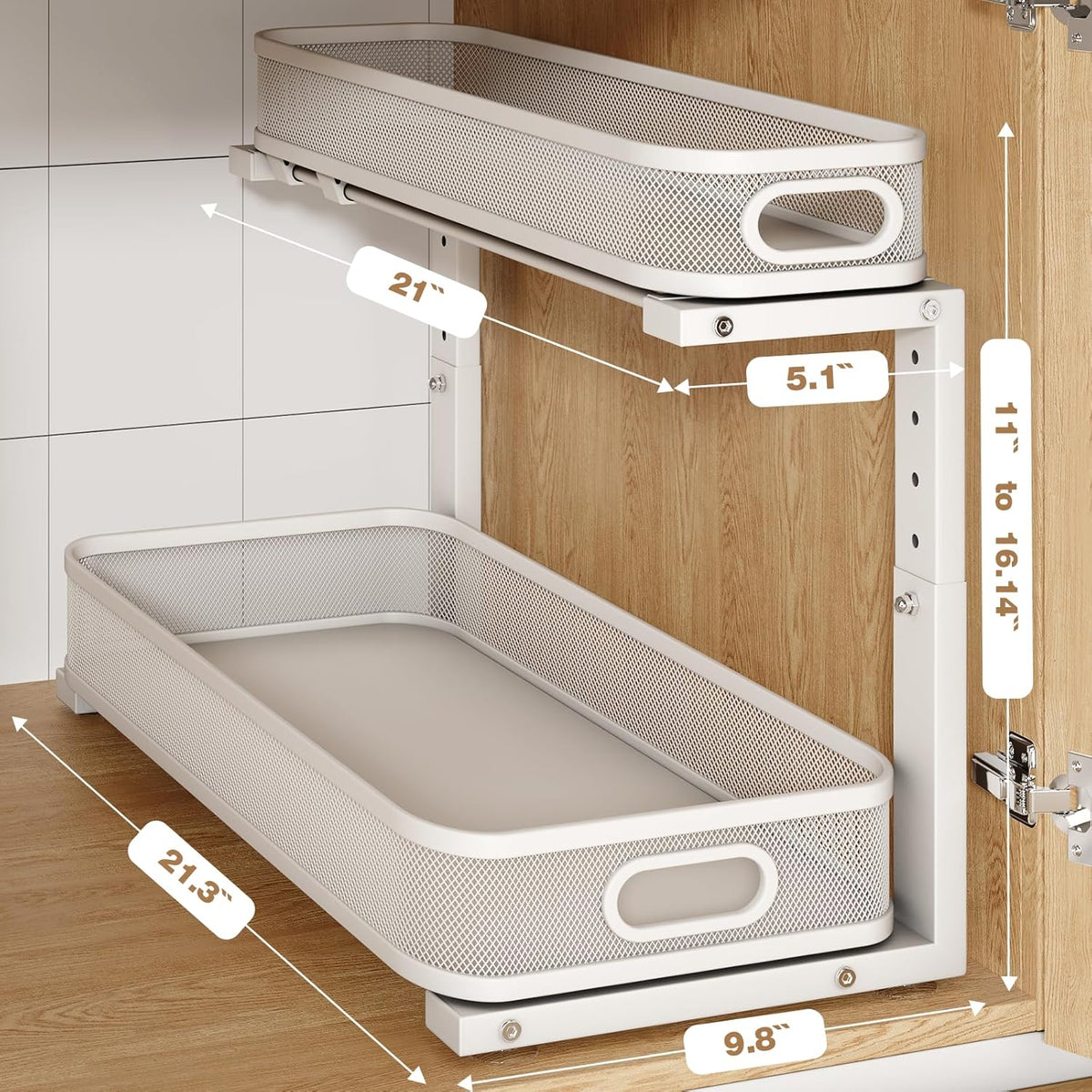 2 Pack 21.3IN-Depth Under Sink Organizer with Smooth Cylindrical Rail,2-Tier Pull Out Multi-Purpose