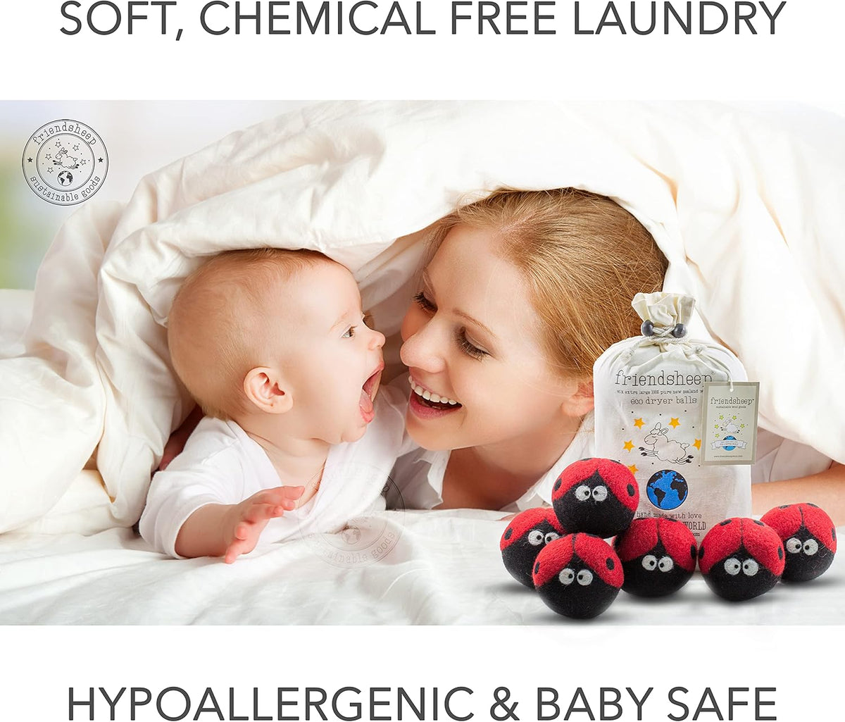 Friendsheep Wool Dryer Balls 6 Pack XL Organic Premium Reusable Cruelty Free Handmade Fair Trade No