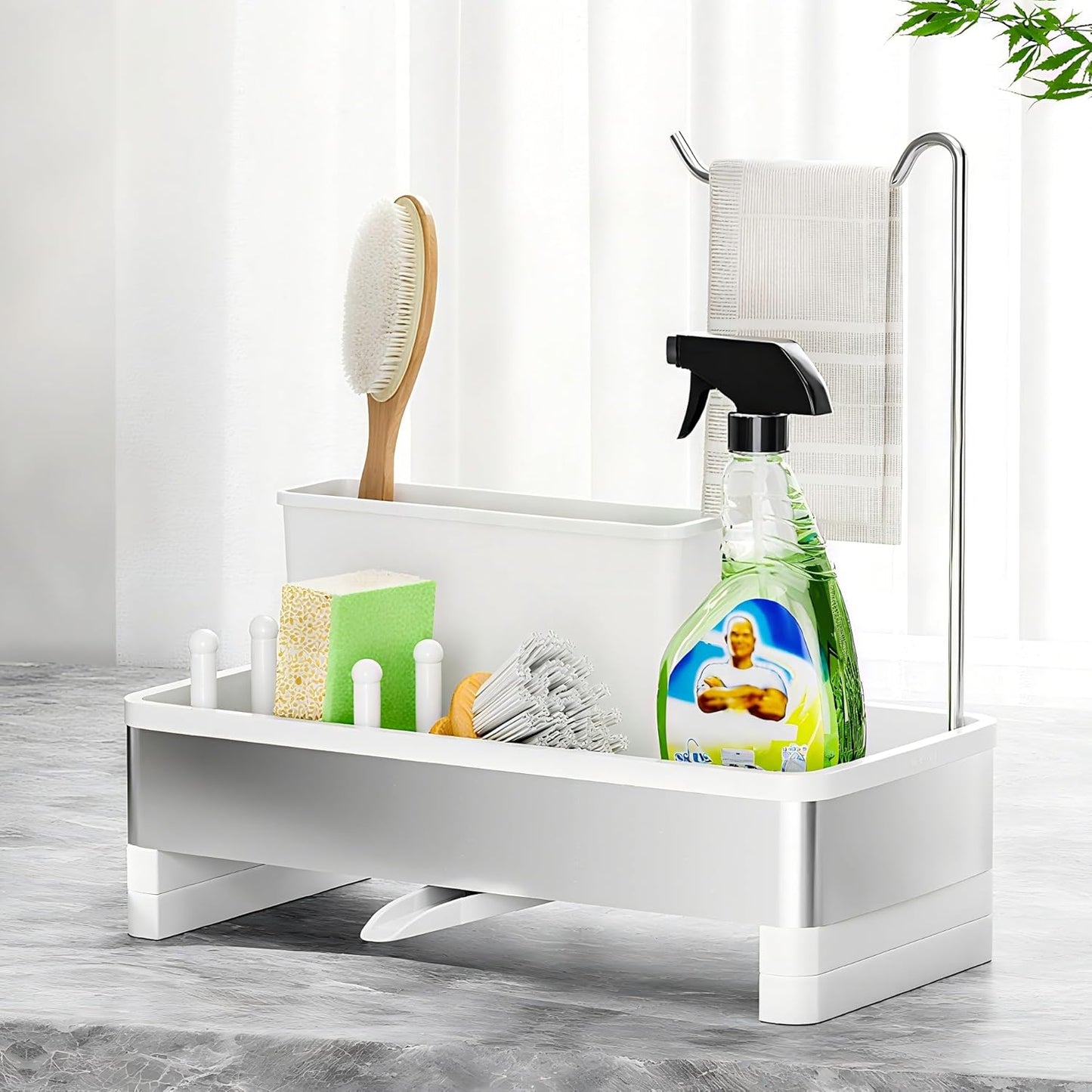 Stainless Steel Sink Caddy, Sponge Holder for Kitchen Sink with Brush Holder & Dishcloth Rack