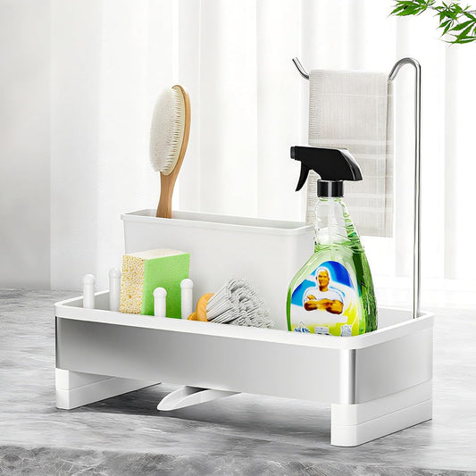 Stainless Steel Sink Caddy, Sponge Holder for Kitchen Sink with Brush Holder & Dishcloth Rack