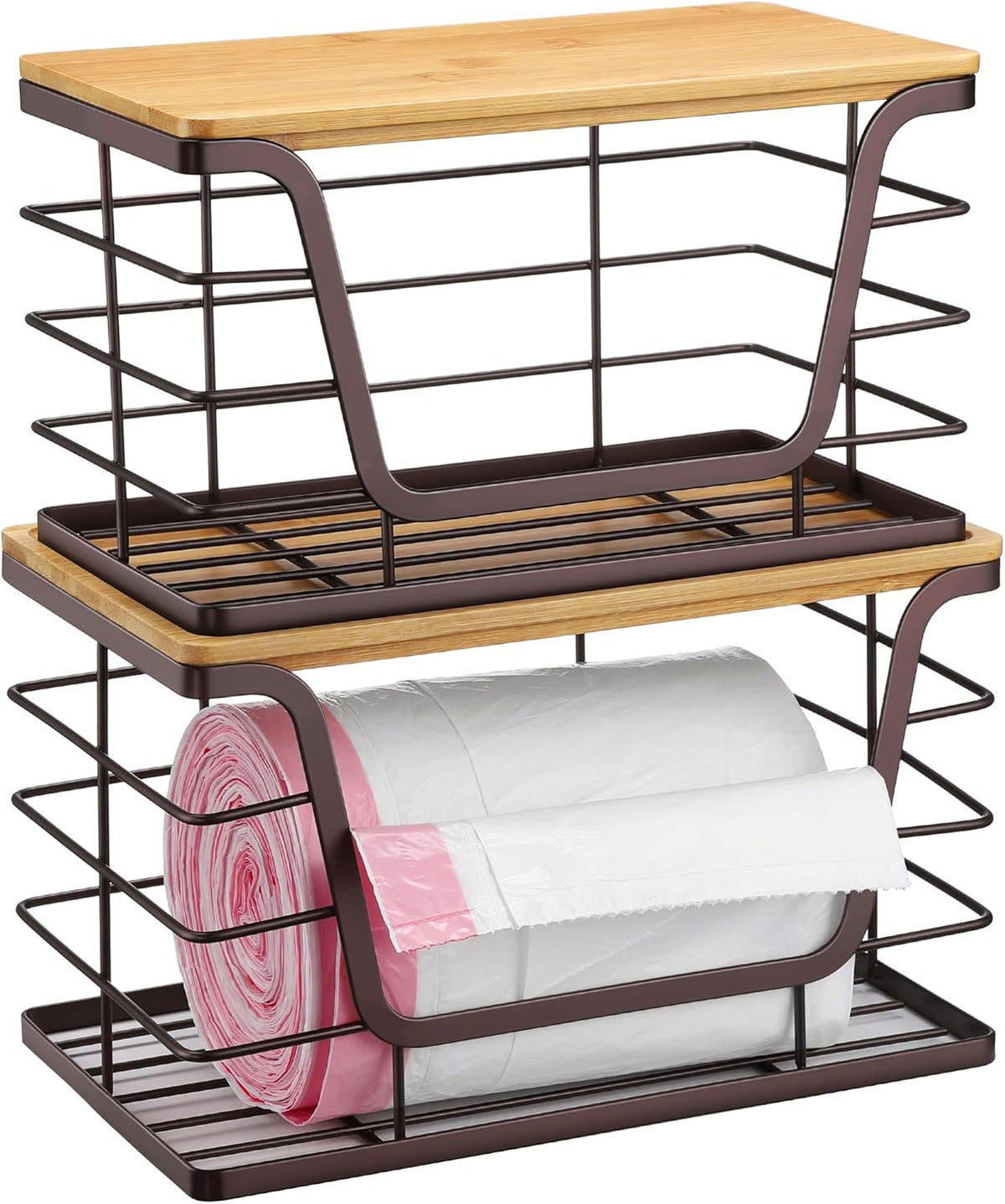 ALOCEO 2 Pack Large Pantry Baskets with Bamboo Lip, Stainless Steel Garbage Bag Holder Dispenser