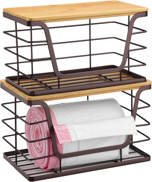 ALOCEO 2 Pack Large Pantry Baskets with Bamboo Lip, Stainless Steel Garbage Bag Holder Dispenser