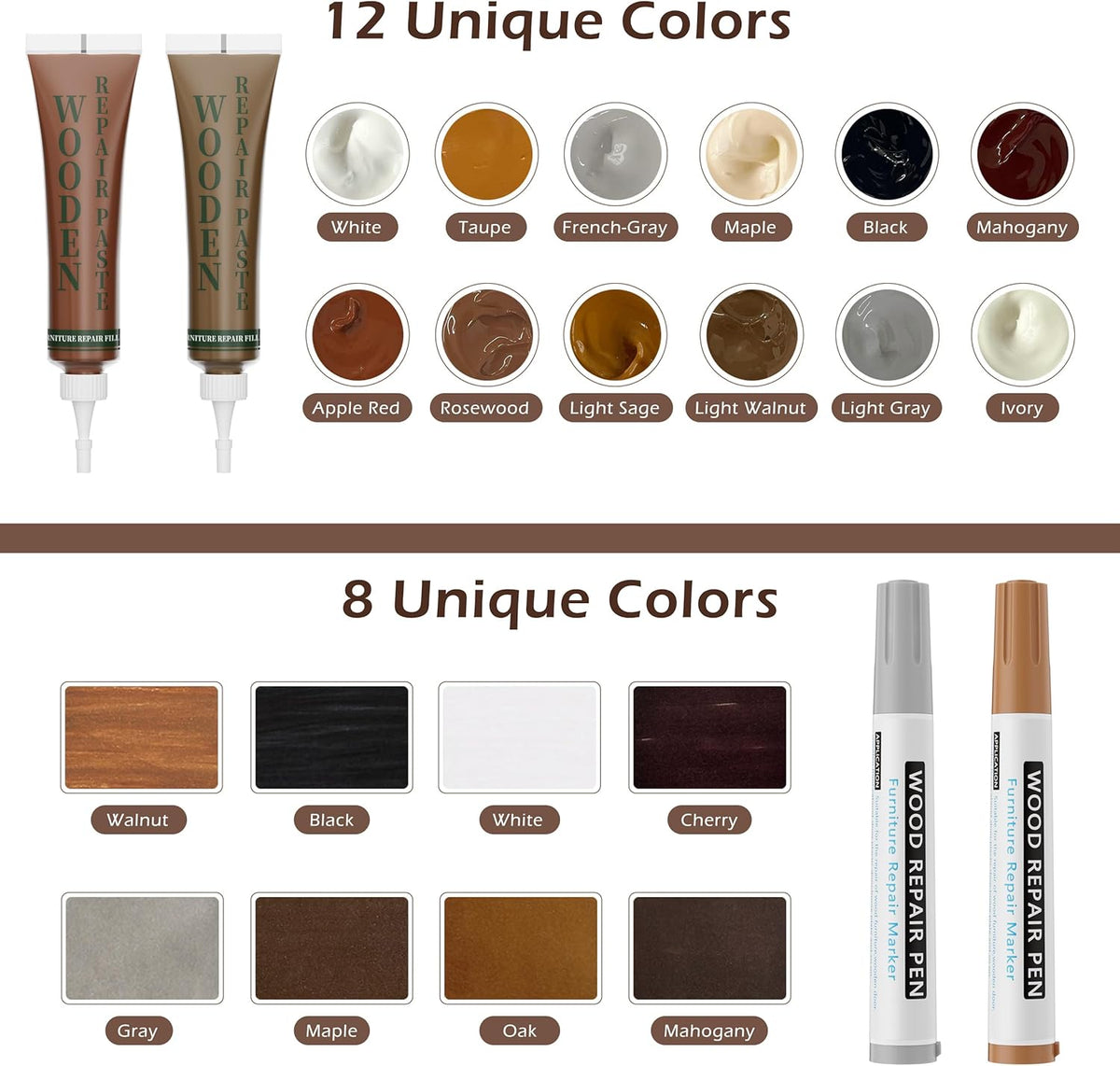 Wood Furniture Repair Kit: 12-Color Filler and 8-Color Markers - Wood Touch Up for
