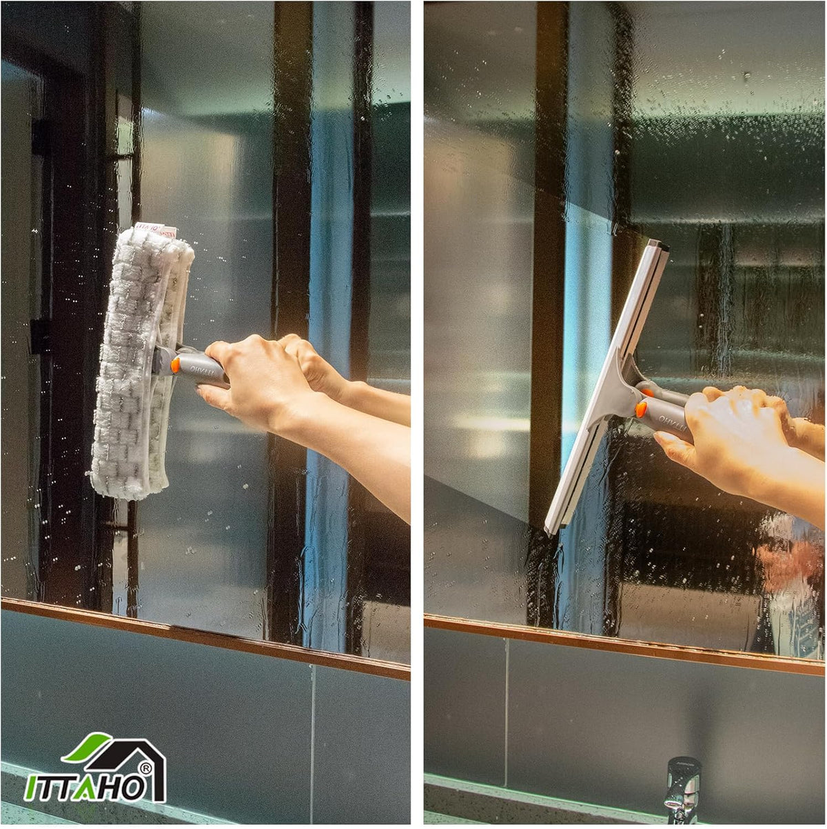ITTAHO Squeegee for Window Cleaning,12" Squeegee and 11" Microfiber Scrubber Combi with Stainless