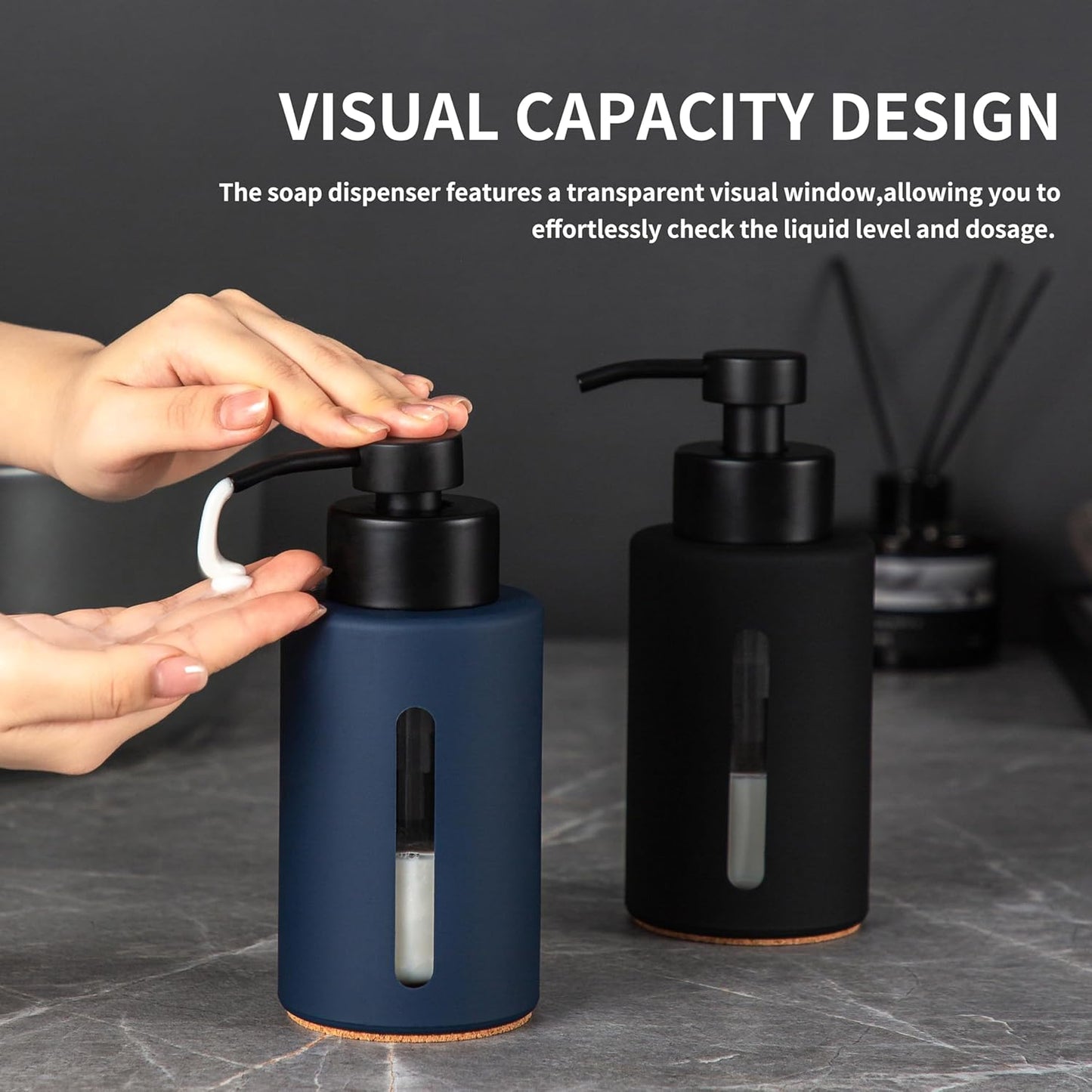 Enra Glass Hand Soap Dispenser,12oz Navy Blue Liquid Bathroom Soap Dispenser with Stainless Steel
