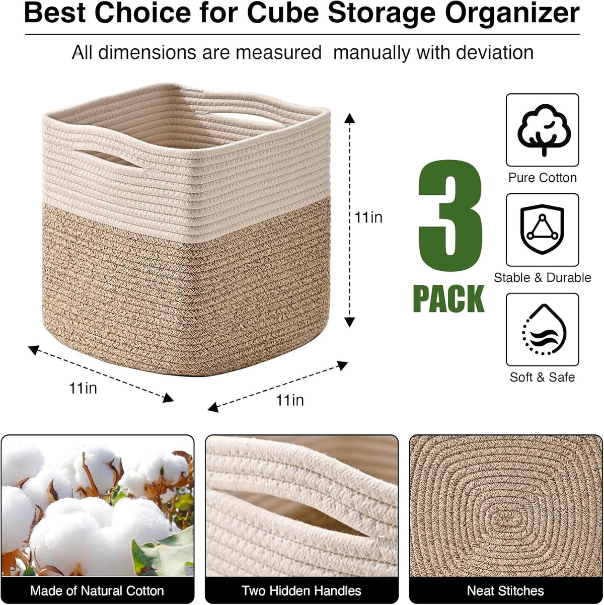 11 Inch Cube Storage Bins, Organizer Woven Cotton Rope Square Baskets for Organizing Shelves, Toys