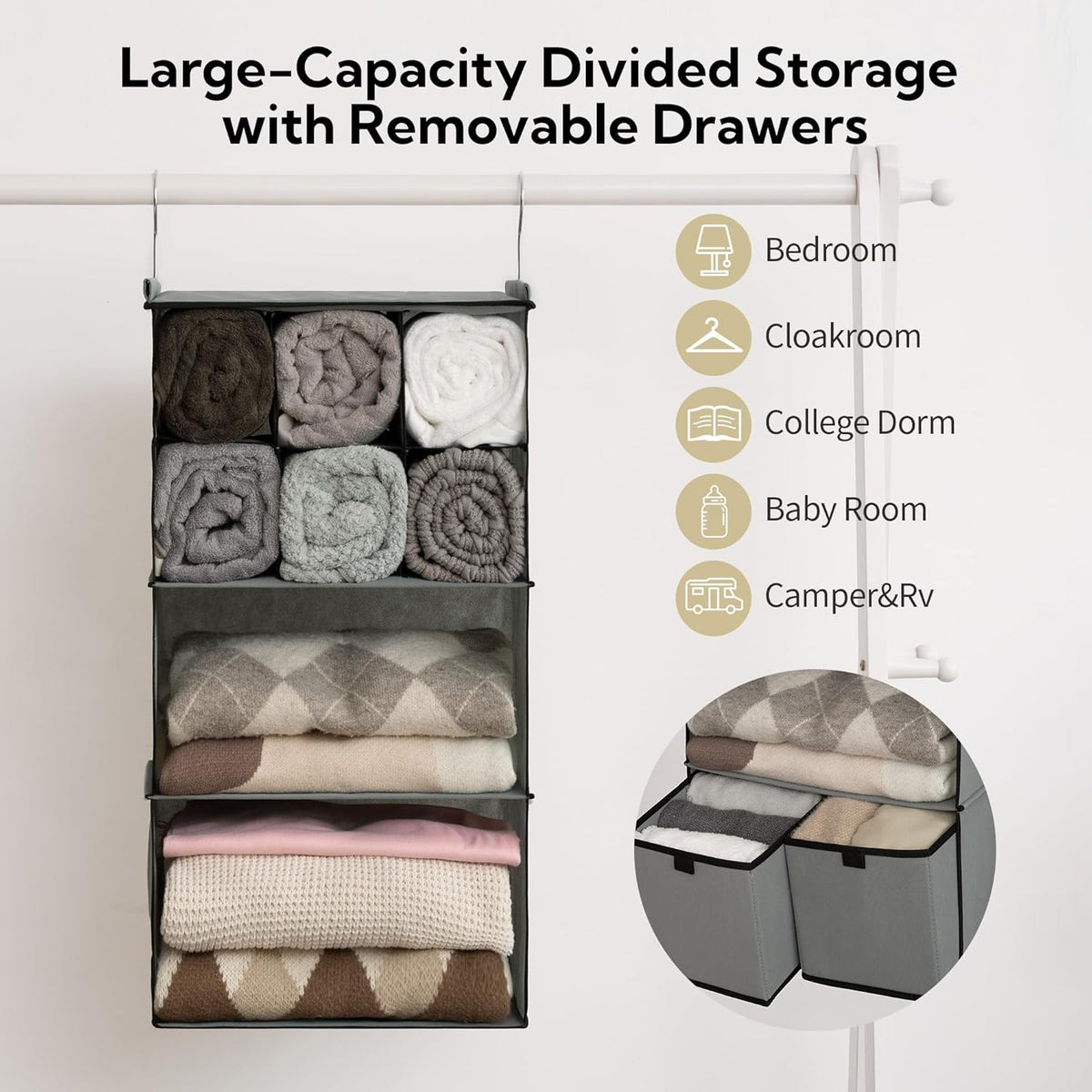 GRANNY SAYS Hanging Closet Organizer with Drawers, 4 Shelf Dividers Closet Hanging Organizer