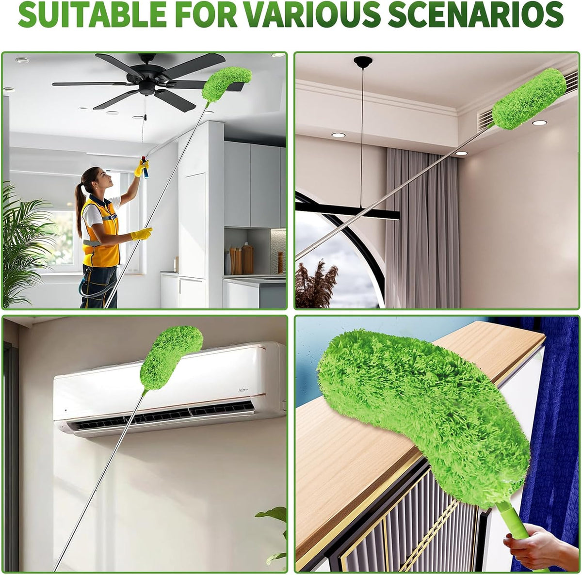 Cobweb Duster with Extension Pole, Washable Cleaning Duster Set with 2 Duster Heads, Corner Brush