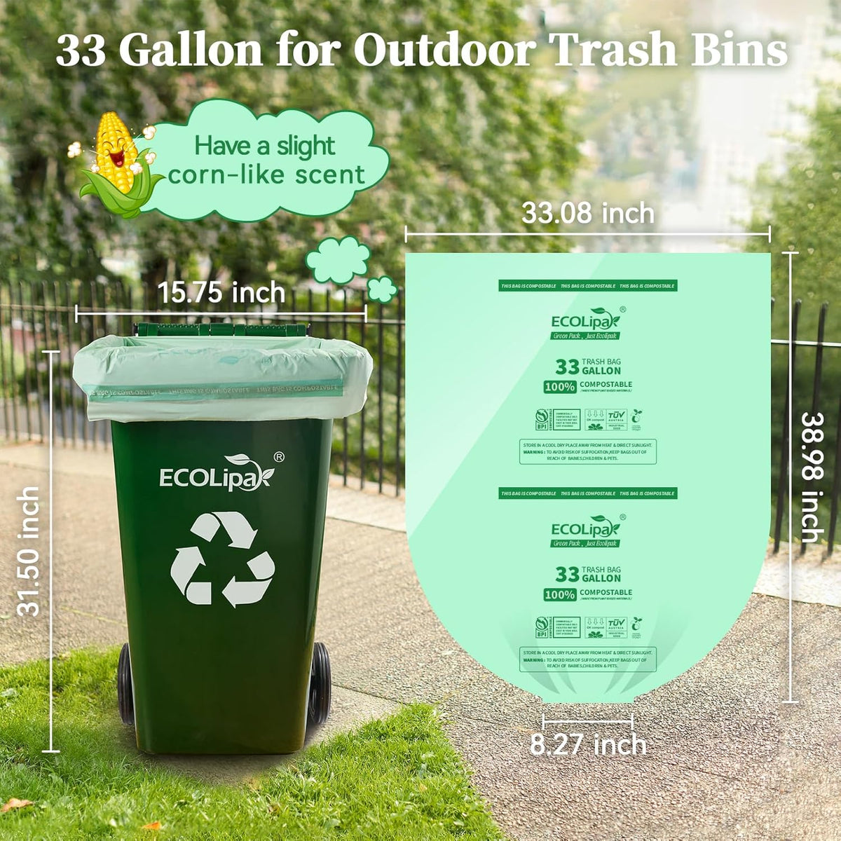 ECOLipak 33 Gallon Compostable Trash Garbage Bags, 25 Count (1 Roll) Biodegradable Heavy Duty Large