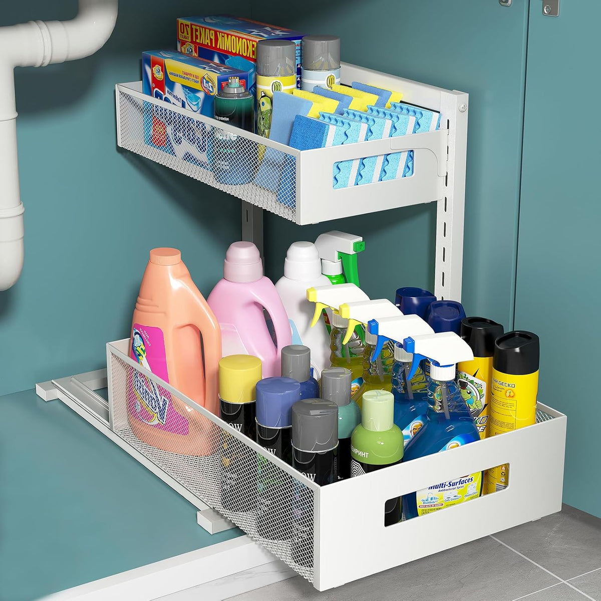 Pull-out Under Kitchen Sink Organizer, Metal Functional Under Sink Organizer, Height Adjustable