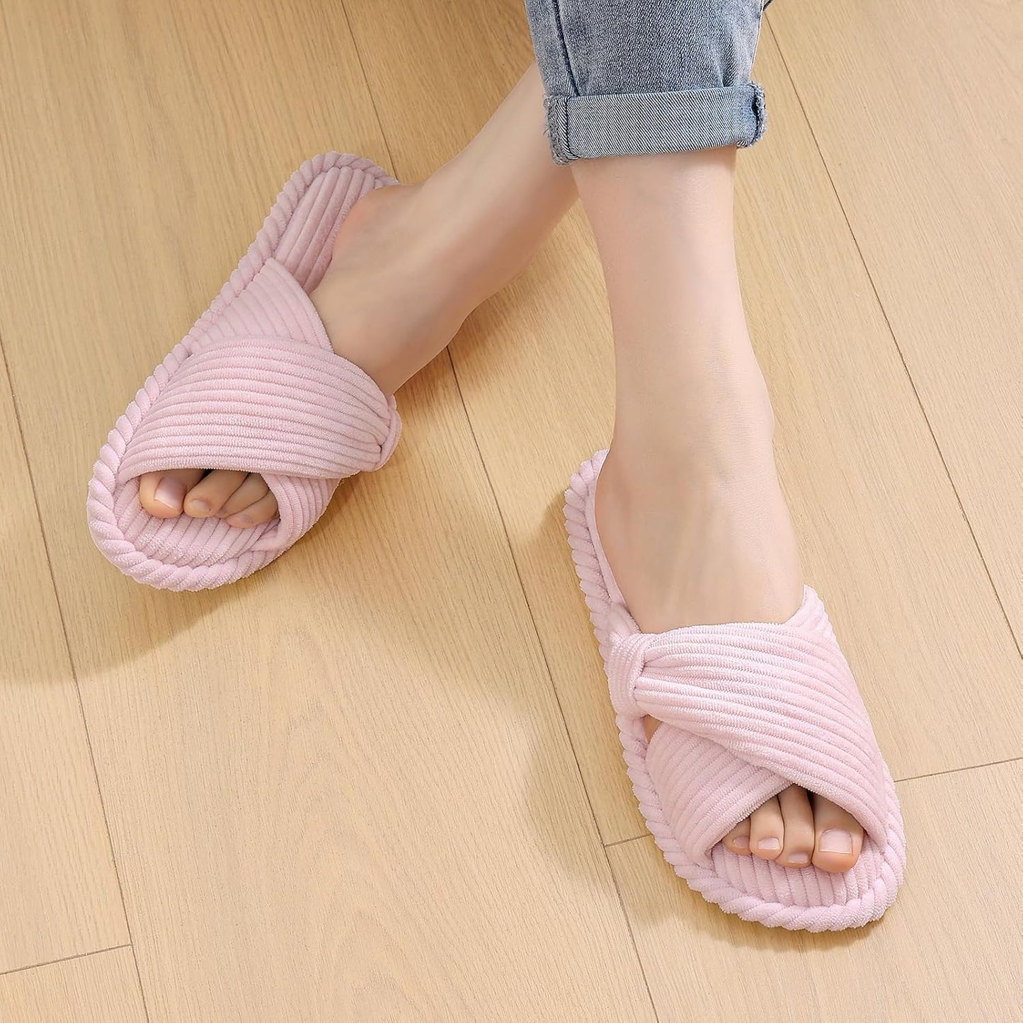 Evshine Summer House Slippers for Women Corduroy Cross Bow Indoor Slippers Open Toe Slip On Bedroom