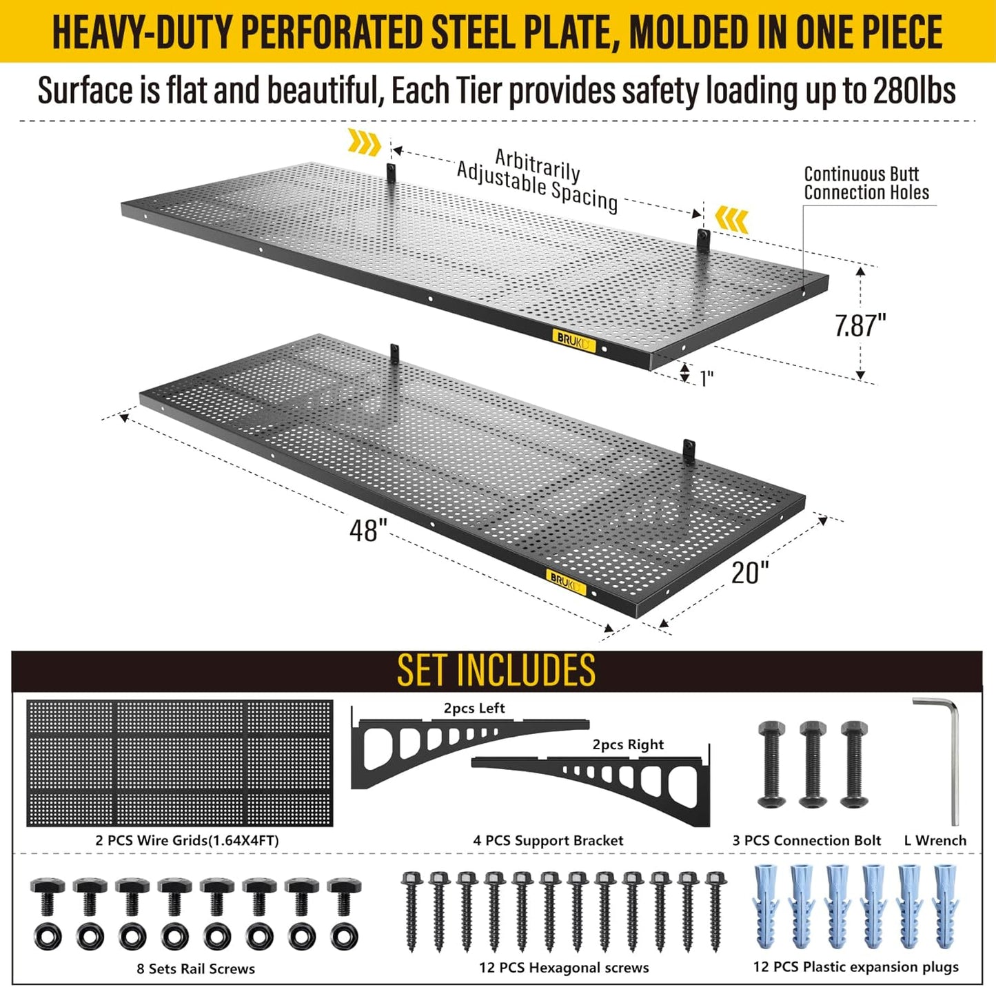 2Pack 1.64x4ft Adjustable Metal Garage Wall Shelving Heavy Duty Garage Storage Shelf Wall Mounted
