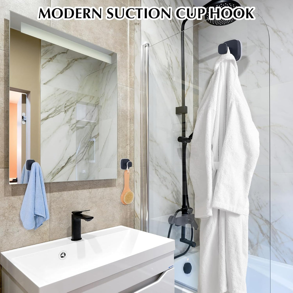 Suction Cup Hooks for Shower - Reusable No-Drill Mounting - Hooks for Towels, Robes & Loofah on