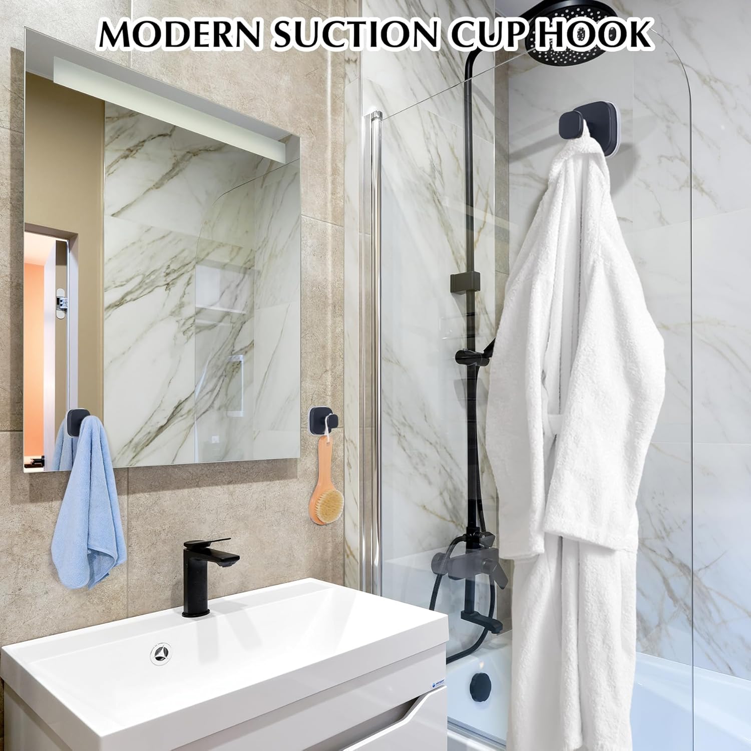 Suction Cup Hooks for Shower - Reusable No-Drill Mounting - Hooks for Towels, Robes & Loofah on