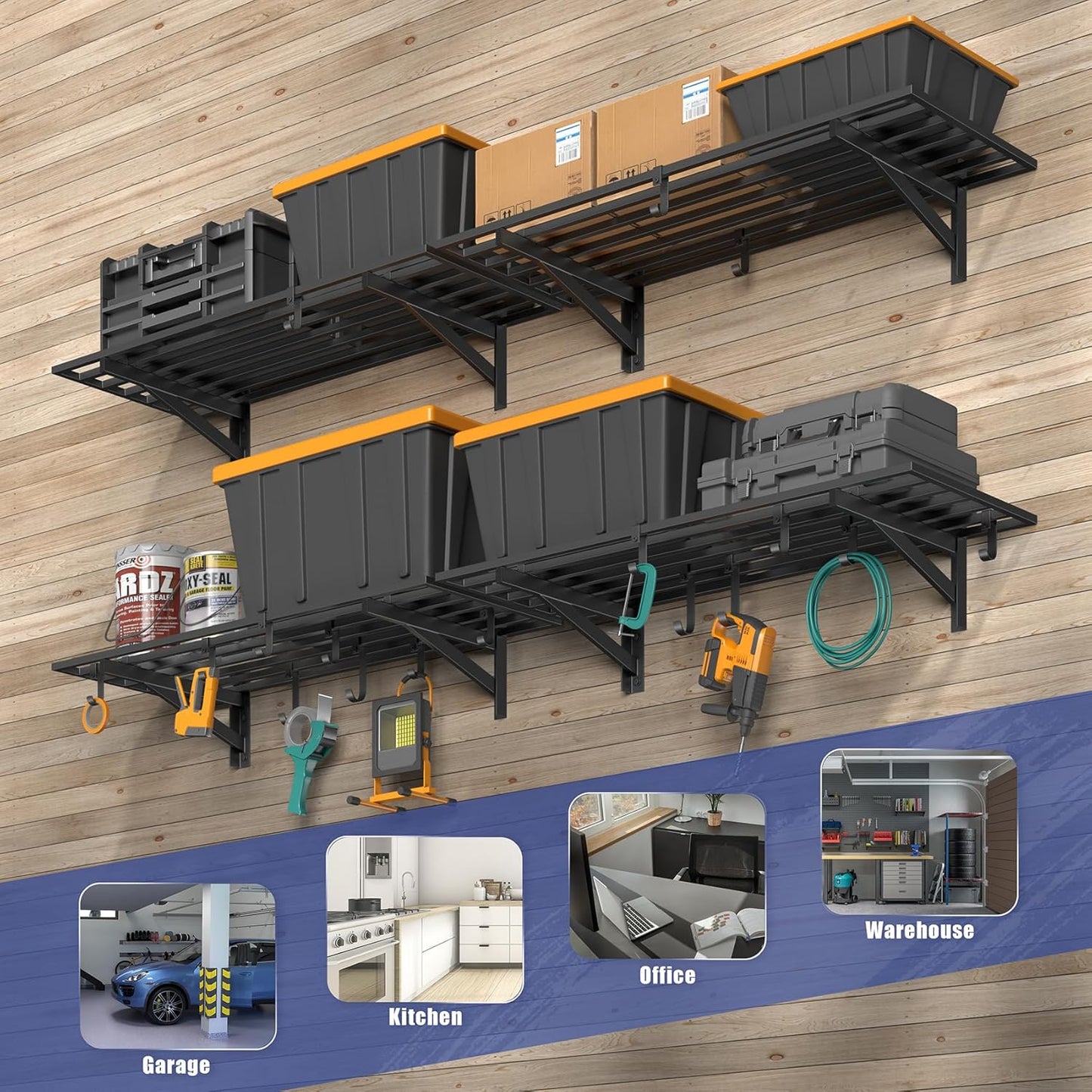 4-Pack 1.5x4ft Garage Shelving Wall Mounted, 1.5 x 4' Heavy Duty Garage Storage Shelves with Hooks