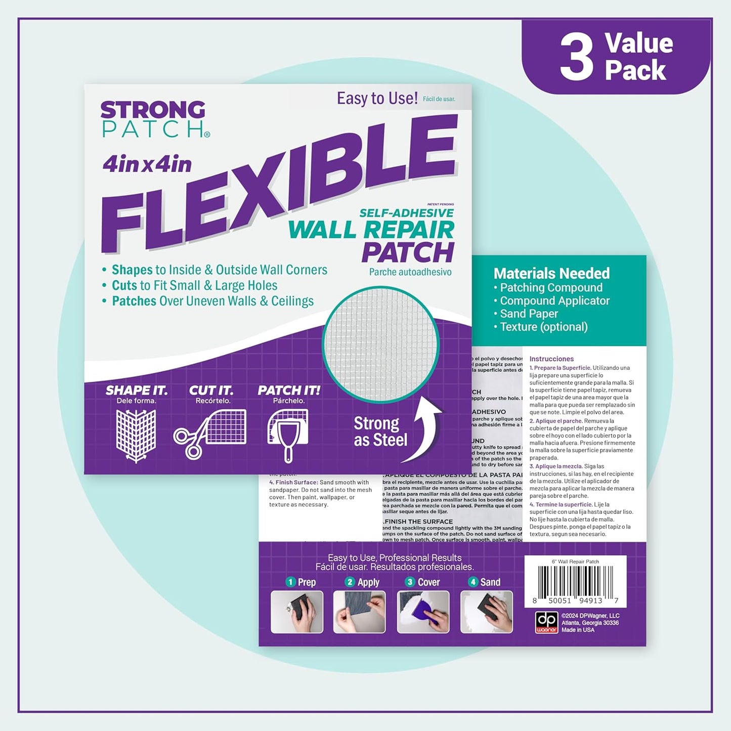 StrongPatch® 4 in. x 4 in. Flexible Self-Adhesive Wall Repair Patch (3-Pack) – Versatile