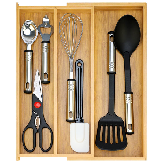 Large Bamboo Kitchen Utensil Drawer Organizer Expandable Silverware Tray