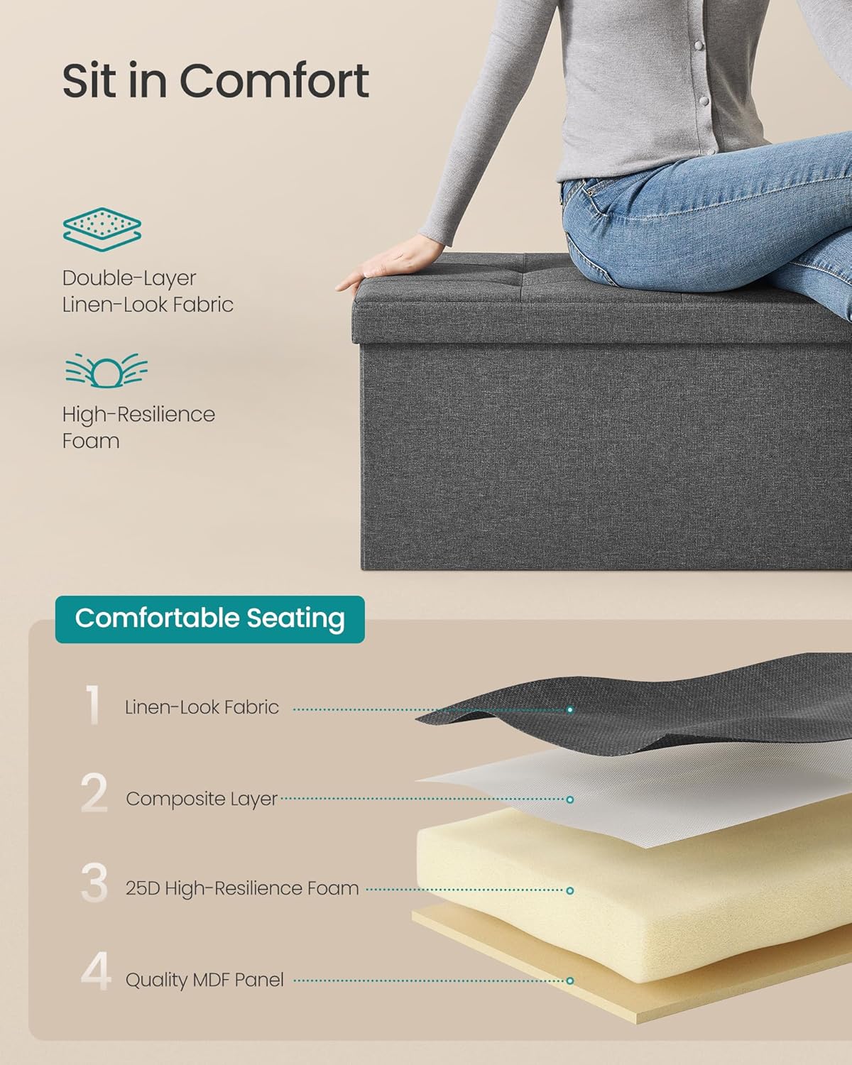SONGMICS MAZIE Collection - 43 Inches Folding Storage Ottoman Bench, Ottoman Foot Rest, End of Bed