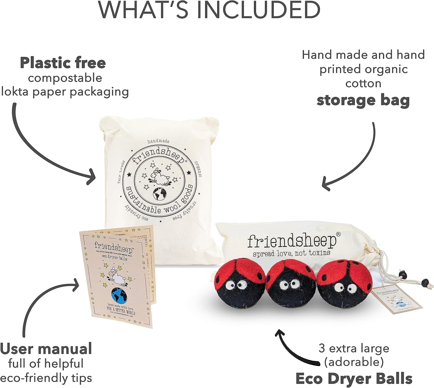Friendsheep Wool Dryer Balls, Organic Reusable Fabric Softener Alternative for Laundry, Handmade
