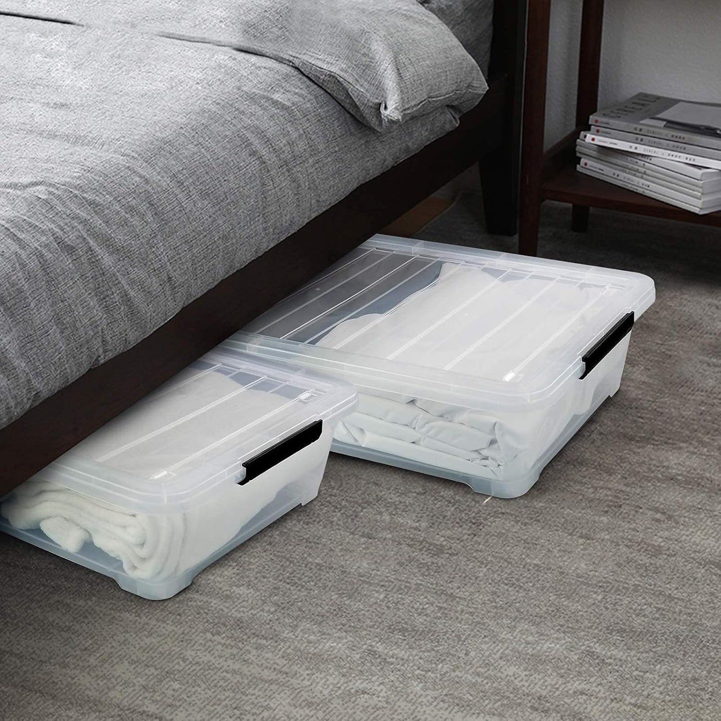3-Pack Plastic Under Bed Storage Box Container, 40 Quart Clear Stackable Storage Box Wheeled