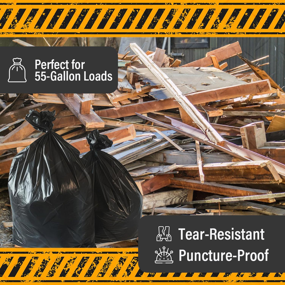 Extra Heavy Duty Black Contractor Garbage Bags 55 Gallon, 50 Trash Bags, Construction Grade, 3 mil