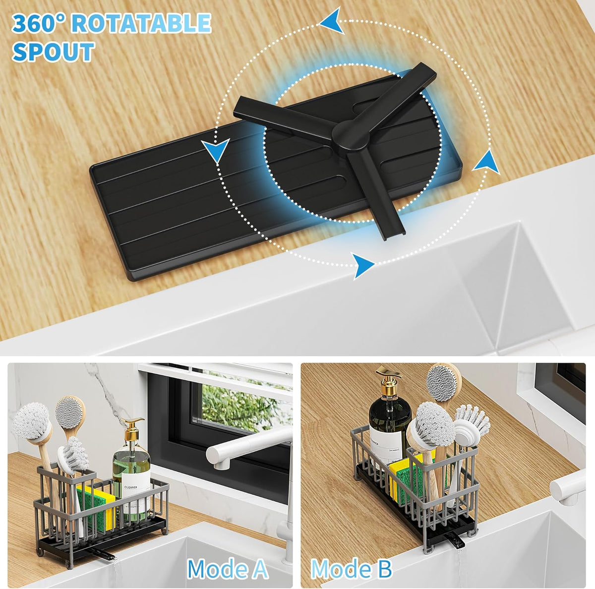 Cisily Charcoal Gray Sponge Holder for Kitchen Sink, Sink Caddy Organizer with High Brush Holder