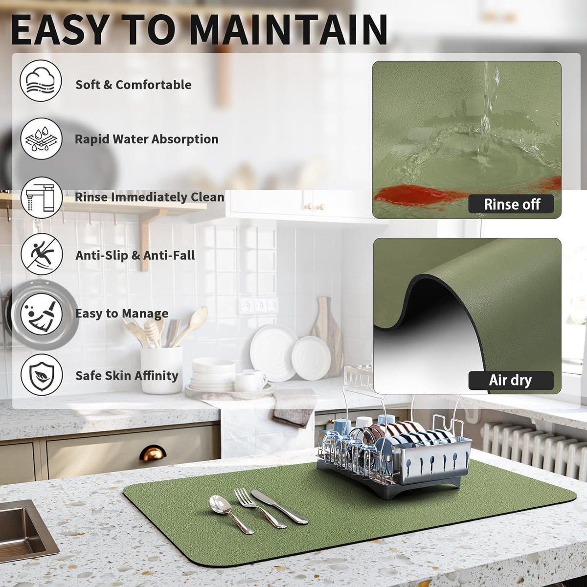 Dish Drying Mat for Kitchen Counter, Heat Resistant Drainer Mats with Non-slip Rubber Backed, Hide