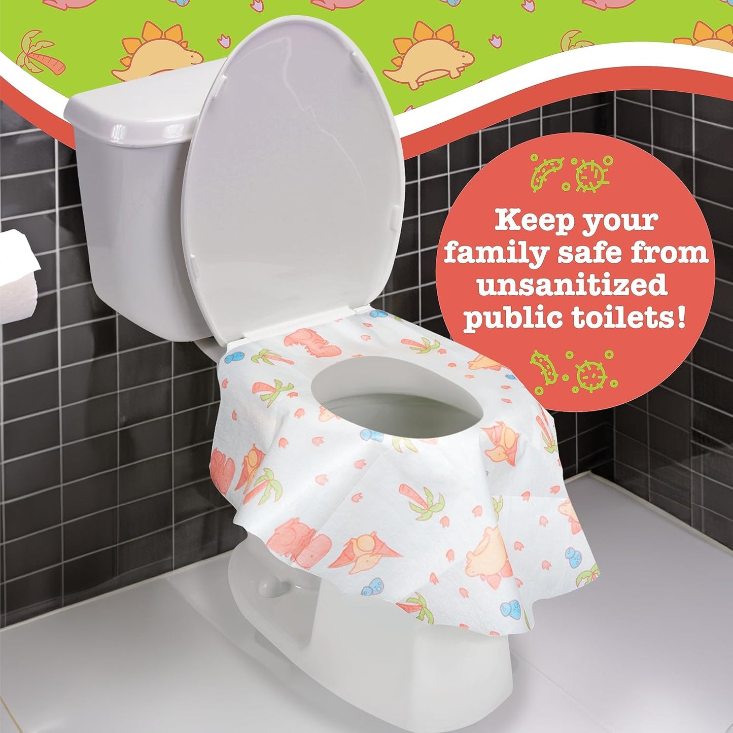 Toilet Seat Covers Disposable (12 pk, Dinosaurs) - XL Waterproof Toilet Cover for Toddlers, Kids &
